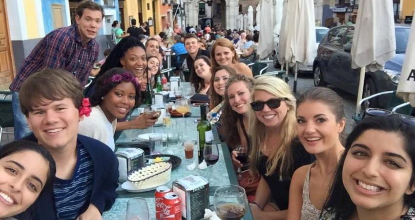 A group of students eating lunch in Spain.
