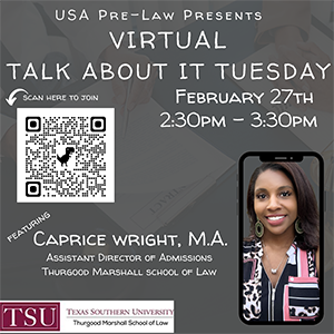 flyer for February 27 virtual talk with Caprice Wright. Scan Q-R Code to join zoom.