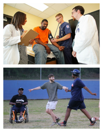 Medical students volunteering at the free clinic and participating in "Buddy Ball."