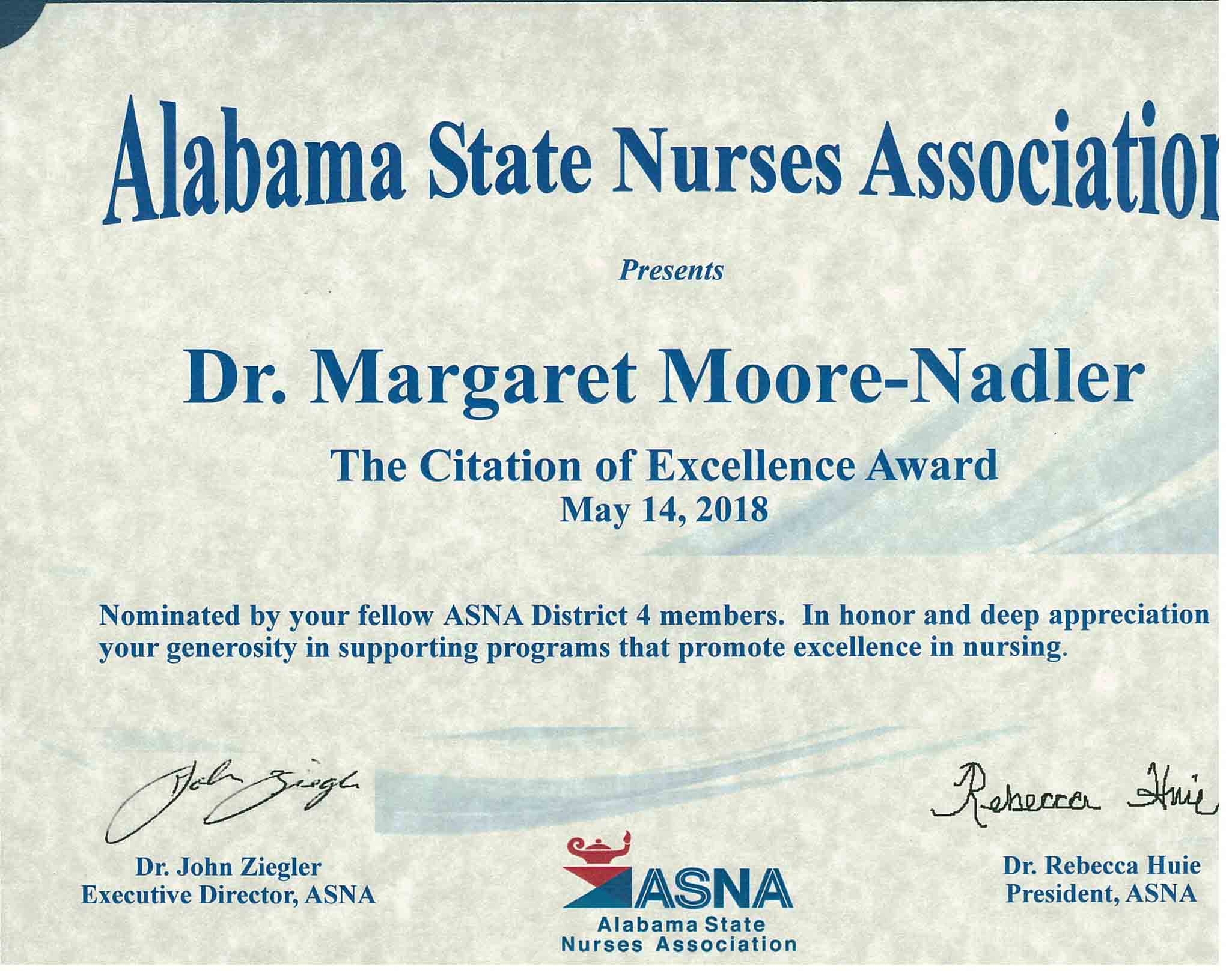 Dr. Margaret Moore-Nadler Citation of Excellence Award