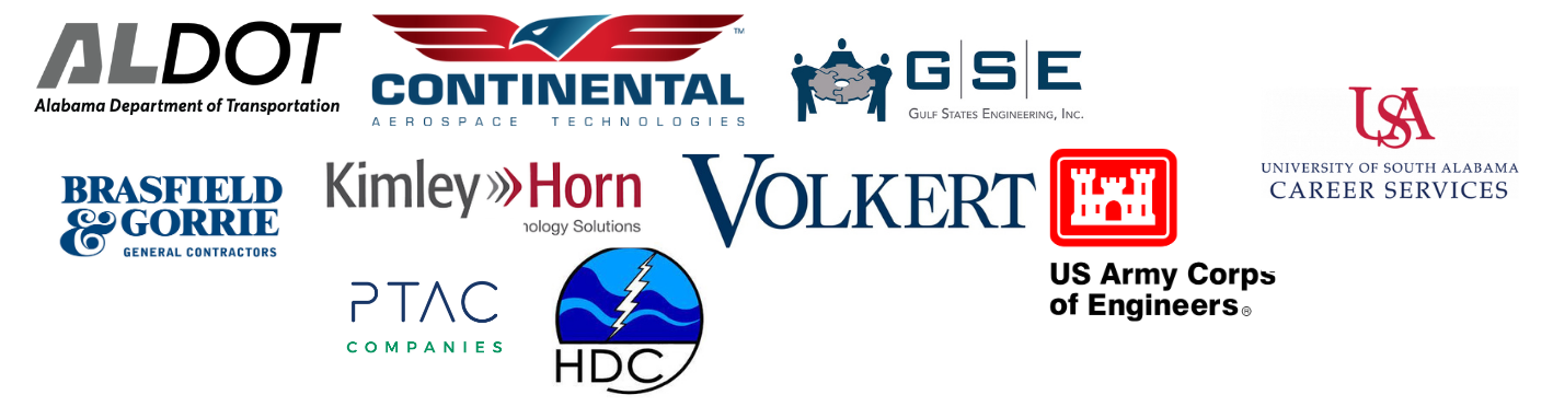 Logos for red sponsors - AL dot, Continental Aerospace Technologies, G ulf States Engineering, Inc, U S A Career Services, Brasfield Gorrie General Contractors, Kimley Horn, Bolkert, U S Armt Corps of Engineers, P T A C Companies, HDC