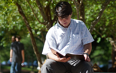 Male student reading a book outside