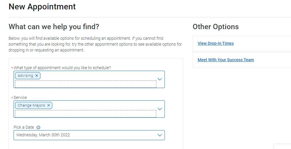 Selecting the type of appointment you would like to schedle