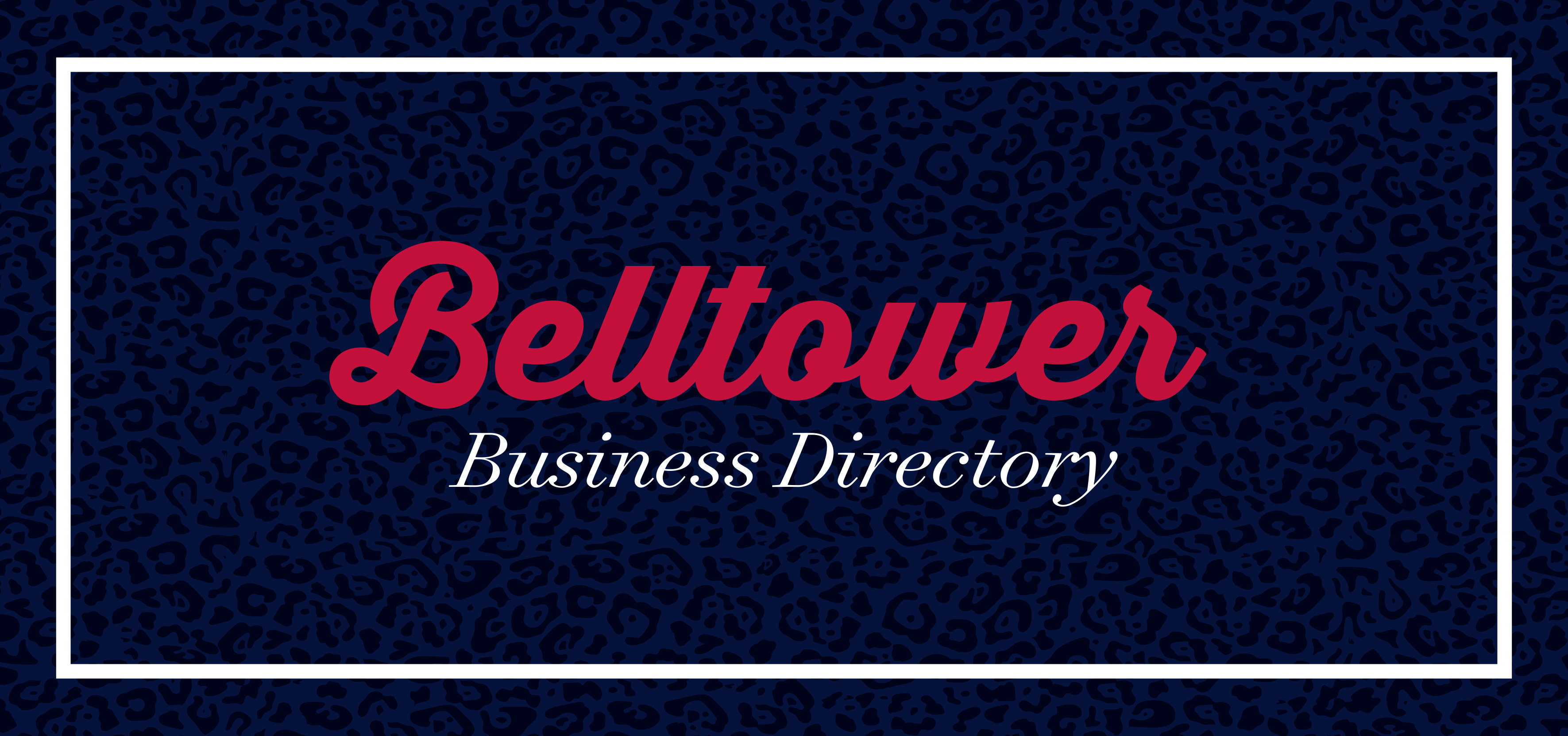 Belltower Business Directory with jag print behind it