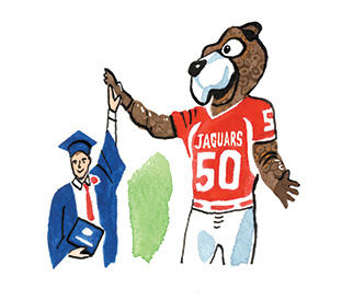 Person in cap and gown highfiving Southpaw statue.