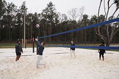 Students playing sand volleyball on campus.