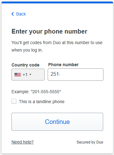 Screenshot of entering a phone number