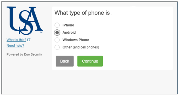 Screenshot of Select the type of device you are adding, adding Android phone
