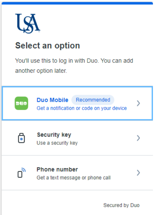 Screenshot of selecting the duo mobile option