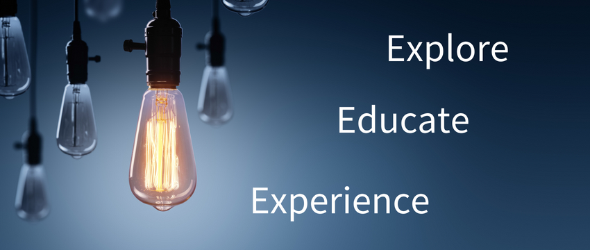 Explore Educate Experience text over image with lightbulb