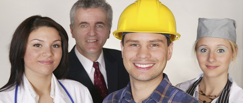 A group showing different professions - construction worker, healthcare worker, and man in suit.