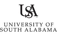 USA Black Logo with the words University of South Alabama stacked underneath letters