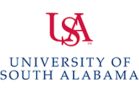 USA Red and Blue Logo with the words University of South Alabama stacked underneath letters