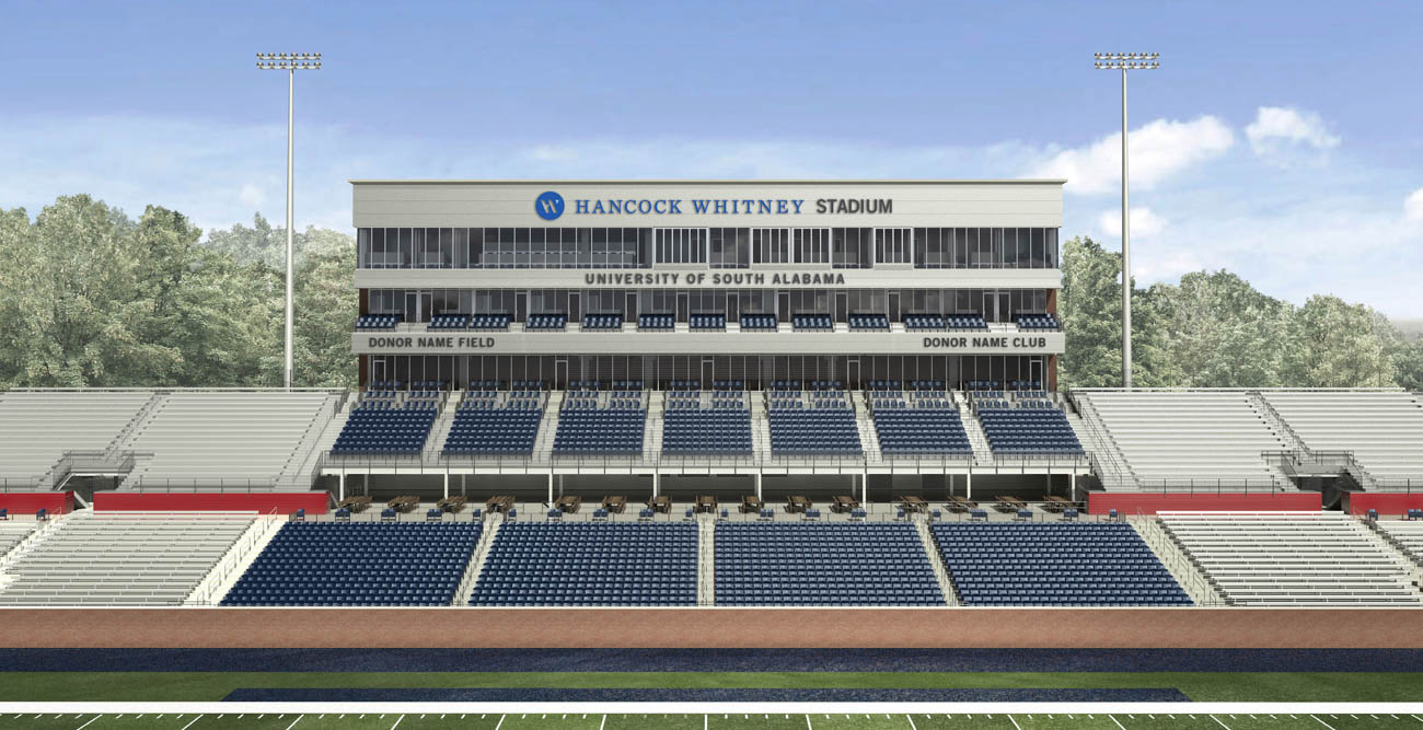 The 25,000-seat Hancock Whitney Stadium, to be completed by 2020, will be located on the west side of campus, adjacent to the Jaguar Training Center, Football Fieldhouse and football practice fields.  data-lightbox='featured'