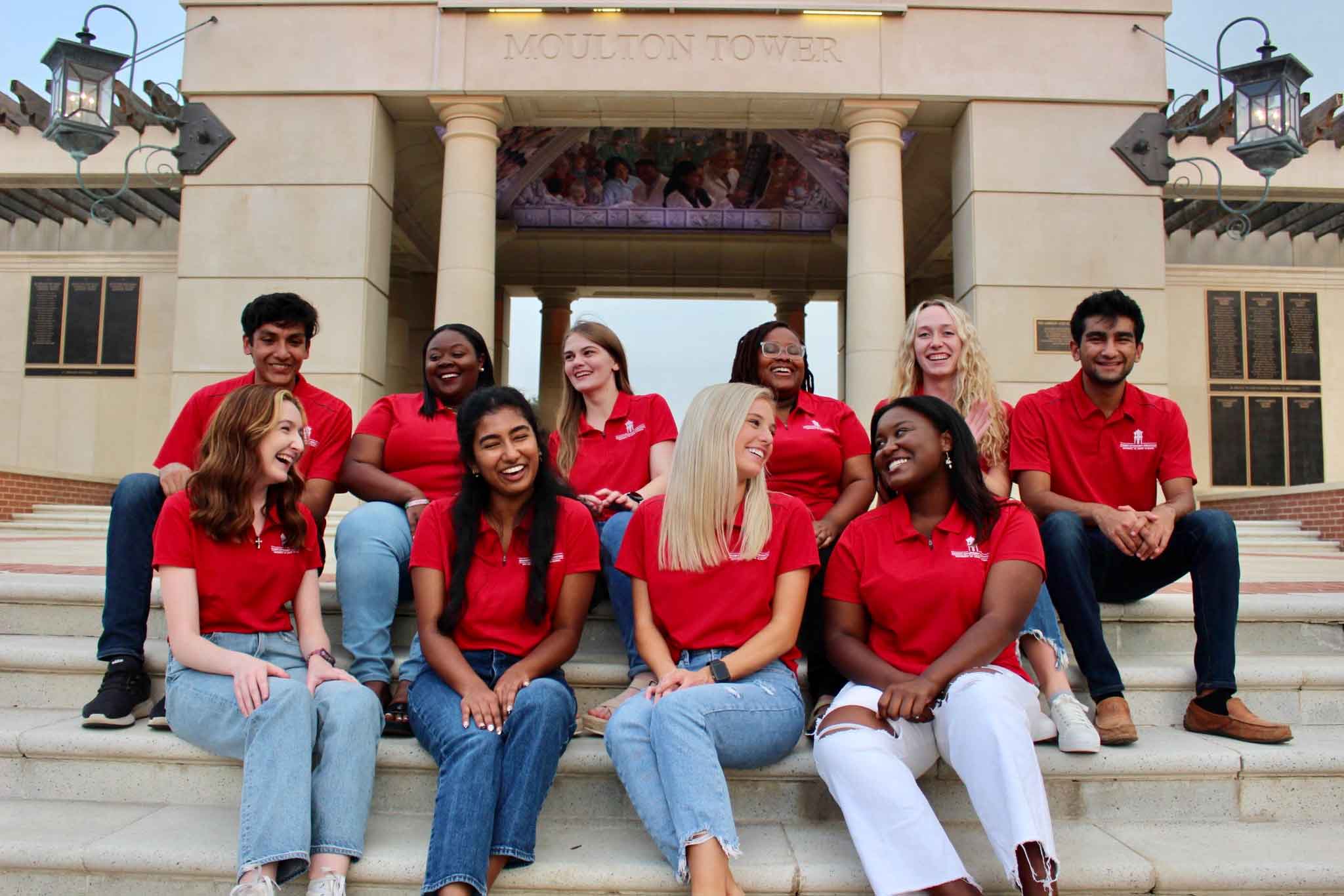 SGA officers laughing together at Moulton Bell Tower.