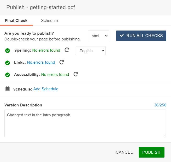 Publish box showing final check of page.