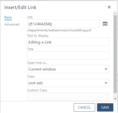 Screenshot of Inert/Edit Link Tool